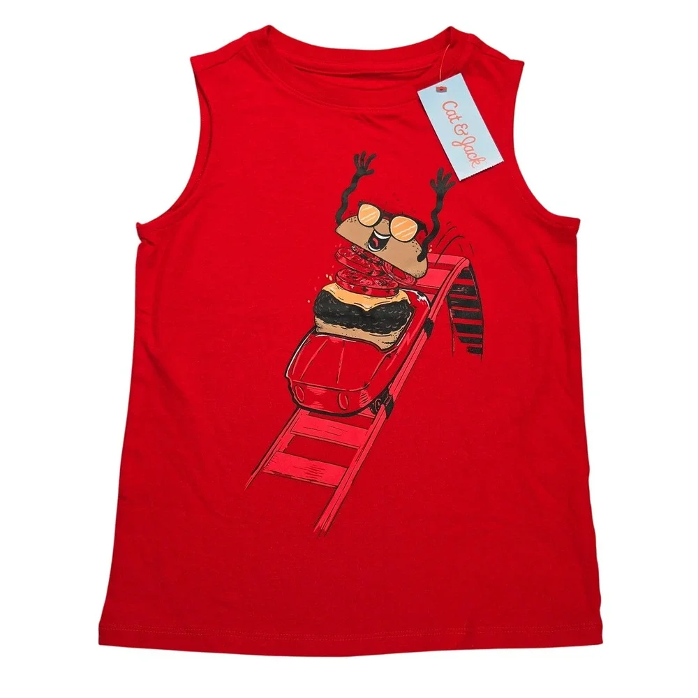 Cat & Jack Boys Red Burger Roller Coaster Graphic Tank Top Shirt Size S‎ 6/7 NWT